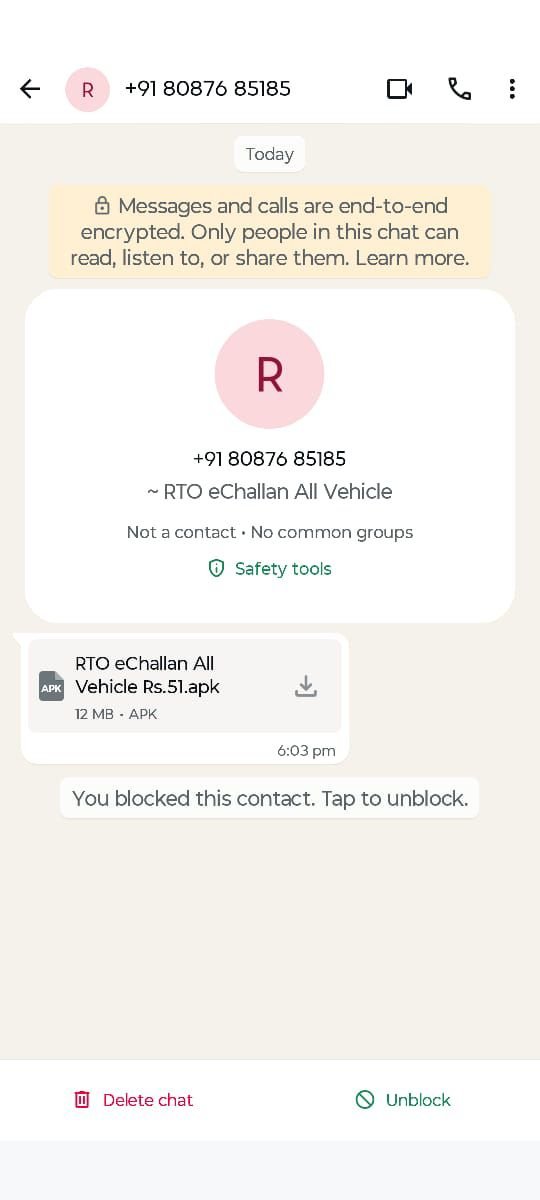 A suspicious Android app file received in a WhatsApp conversation